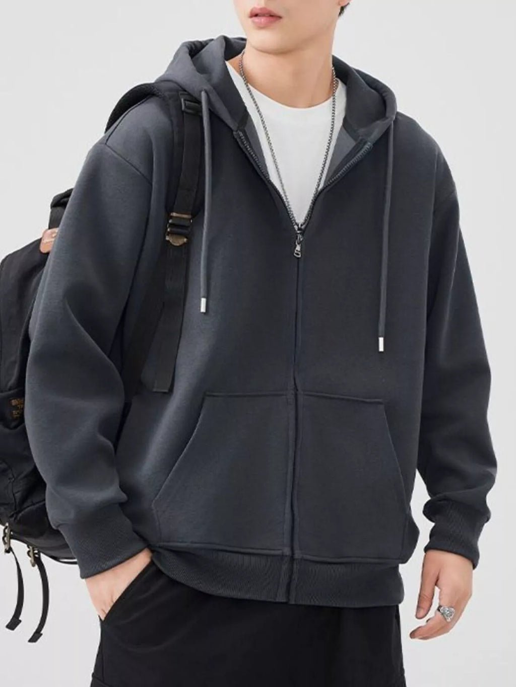 Men's Plus Size Solid Color Zip-Up Hoodie by Trendsi
