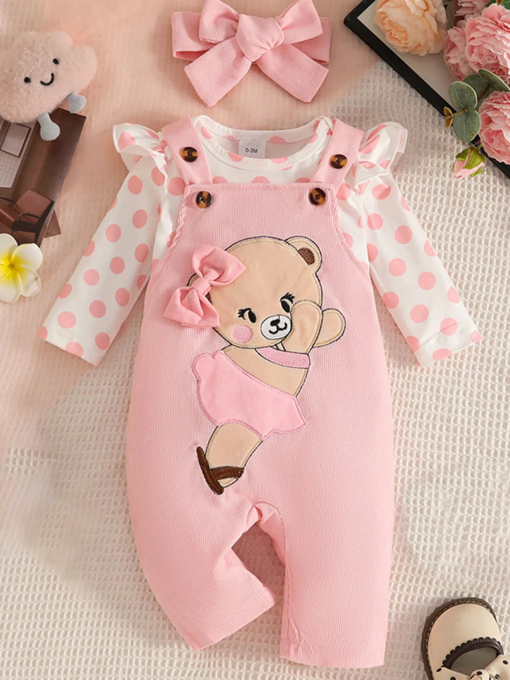 Children's Polka Dot Top and Overalls Set with Headband by Trendsi