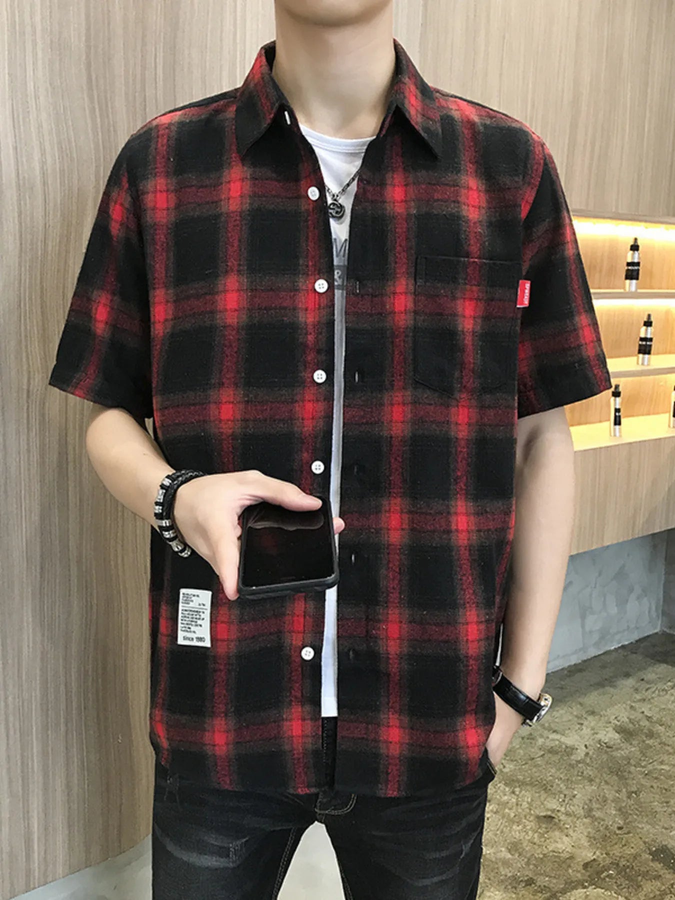 Men's Plus Size Plaid Button-Down Short Sleeve Shirt by Trendsi