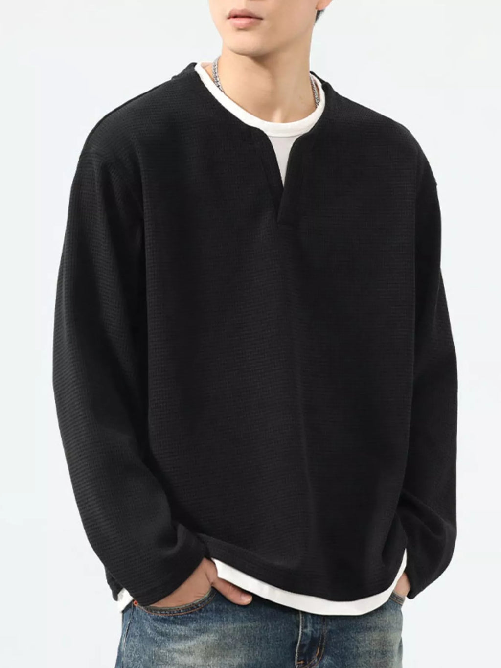 Men's Plus Size Waffle Knit Long Sleeve Top by Trendsi