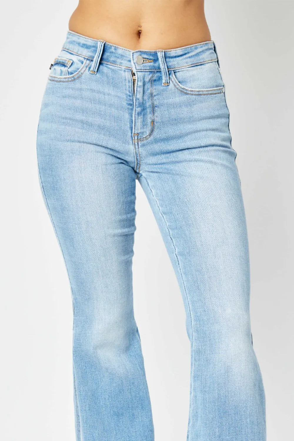 Judy Blue Full Size Mid Rise Raw Hem Slit Flare Jeans by Trendsi