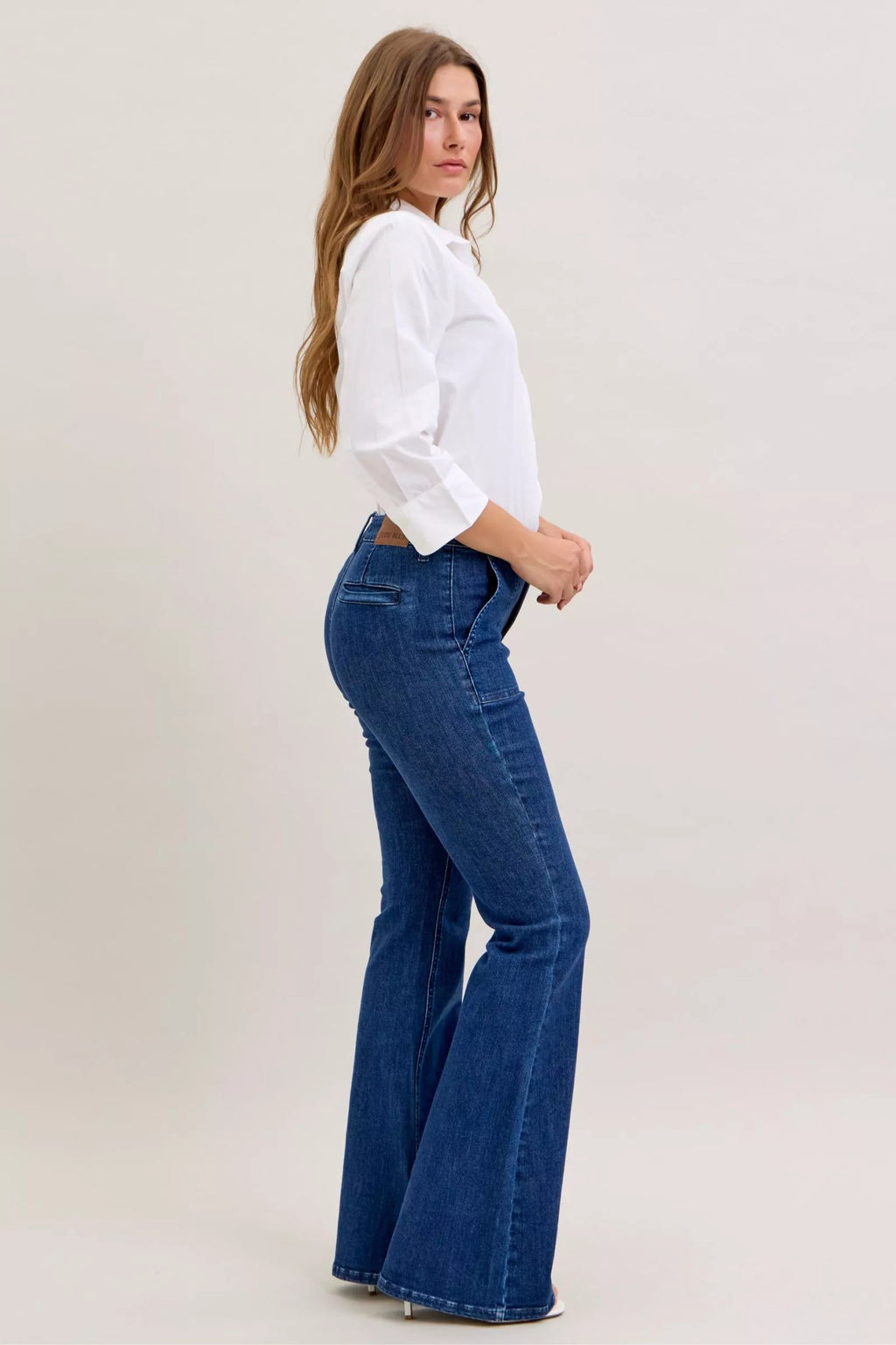 Judy Blue High Waist Flare Jeans with Front Patch Pockets by Trendsi