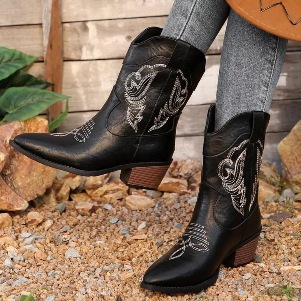 Western Cowboy Boots with Embroidered Design by Trendsi